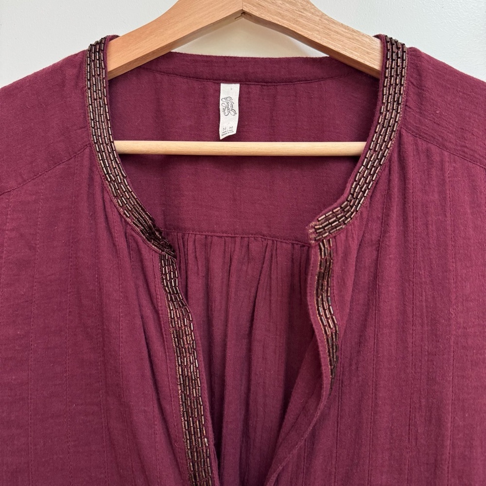 Free People Beaded Button Front Pleated Top 100% Cotton Medium - Picture 3 of 13